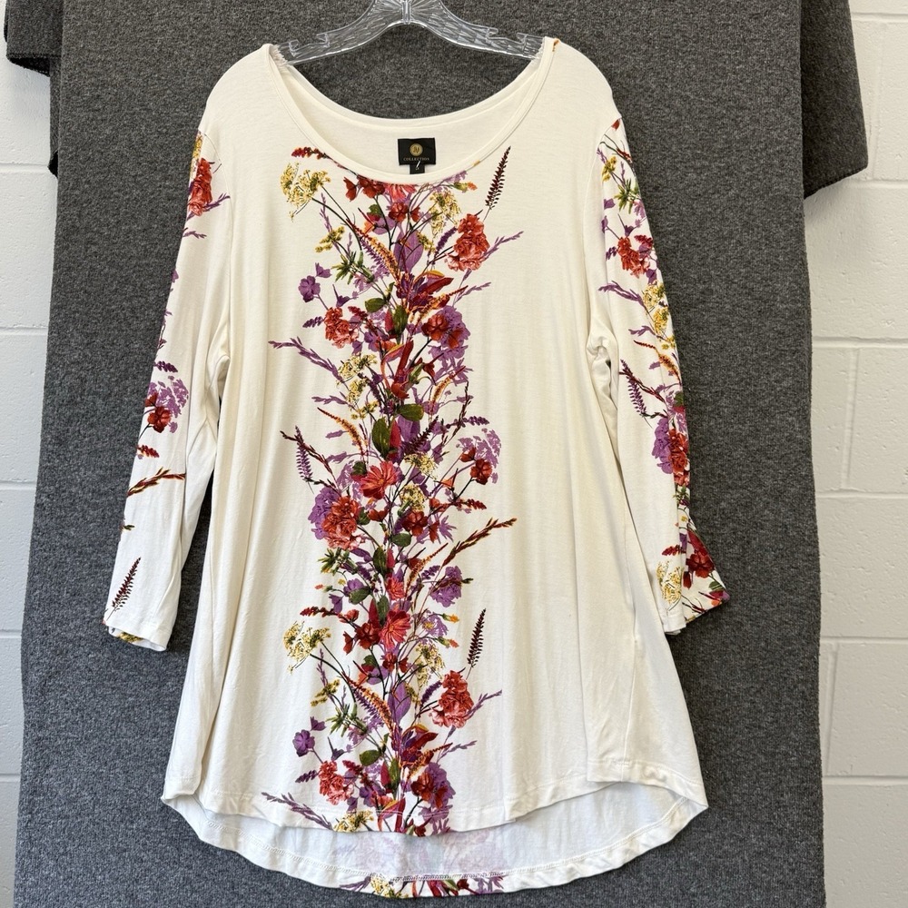 JM Collection 2X Floral Top Tunic Blouse Women Size XXL Flowy 3/4 Sleeve White
